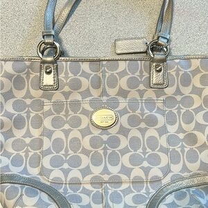 Coach Gray Monogram Tote with Leather Trim